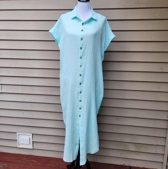 Mint Green Long Dress Muslin Style Button-Up Dolman Short Sleeves - Picture 2 of 12